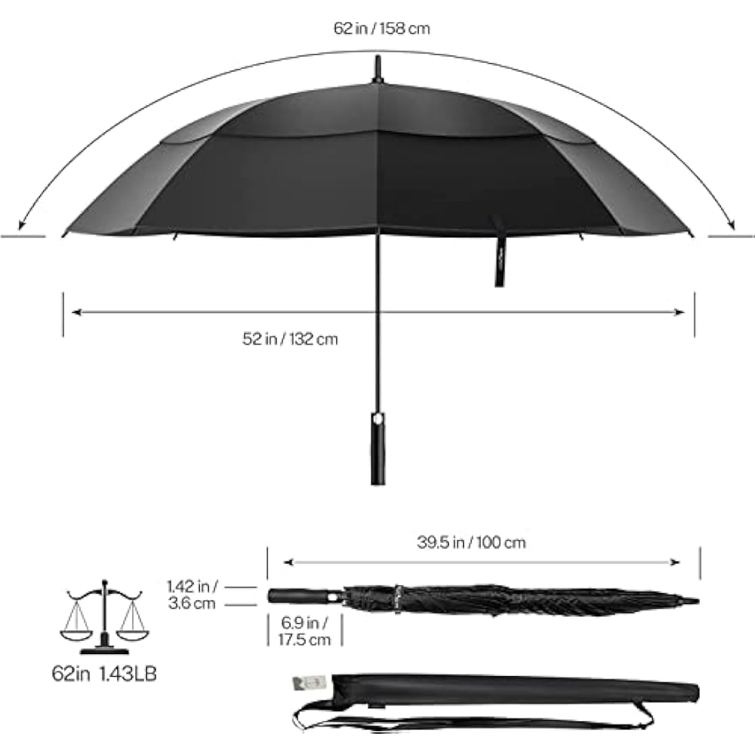 KOLER Golf Umbrella 62 Inch, UV Sun Protection Large Umbrellas Double Vented Canopy Auto Open, Windproof & Rainproof & Sunproof Extra Oversize Golf Stick Umbrella for Men and Women - Black