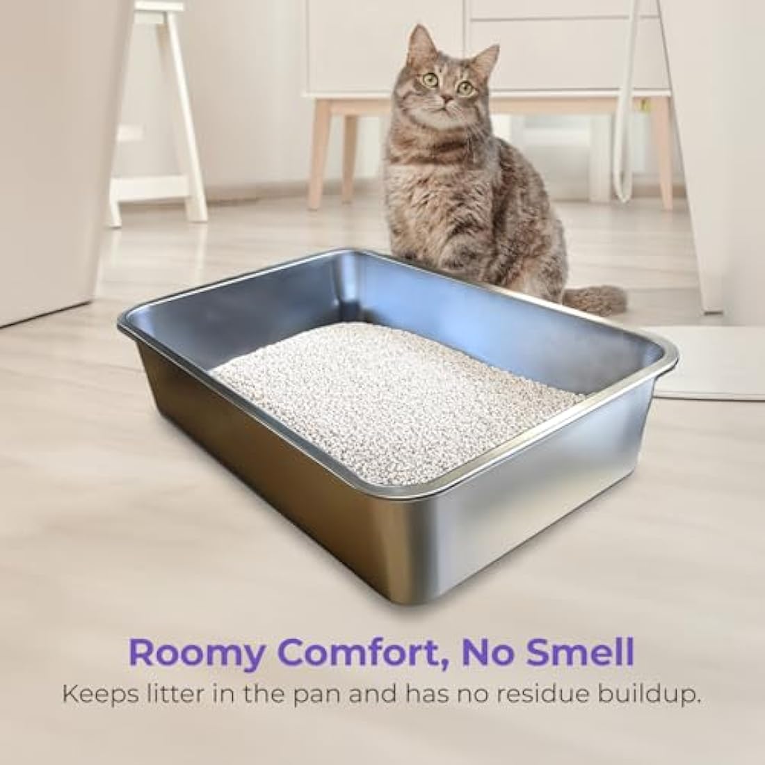 iPrimio Non-Stick Plated Stainless Steel XL Cat Litter Box - Extra Large High-Sided Litterbox for Big Cats - Never Absorbs Odor, Stains, or Rusts - Easy Cleaning Cat Litter Tray (1 Teflon-Coated Pan)