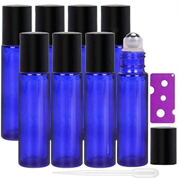 Alledomain 8Pcs 10ml Essential Oils Roller Bottles, Refillable Cobalt Blue Glass Roll on Bottles with Stainless Steel Balls, Include 12 Labels, 1 Dropper & Opener, Perfect for Aromatherapy