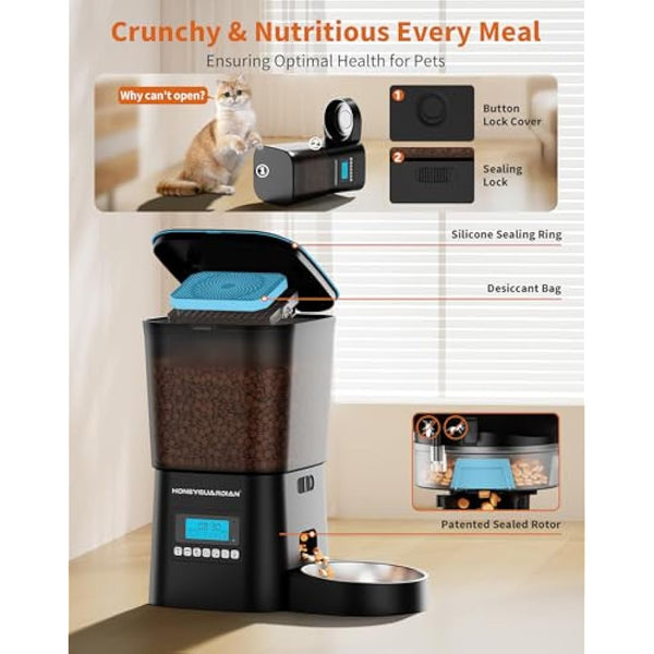 HoneyGuaridan Automatic Cat Feeder with Timer, 3.5L Dry Cat Food Dispenser, Timed Dog Feeder with Stainless Steel & Slow Feeder Bowl, Dual Power Supply with Desiccant, 1-6 Meals/day for Cats Dogs