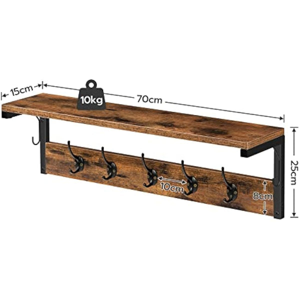 HOOBRO Coat Rack Shelf Wall-Mounted, Coat Hook with 7 Hooks and Shelf, 70 cm Hallway Coat Rack, Wall Floating Shelf with Hat Rack, for Bathroom, Kitchen, Laundry Room, Rustic Brown EBF16YM01