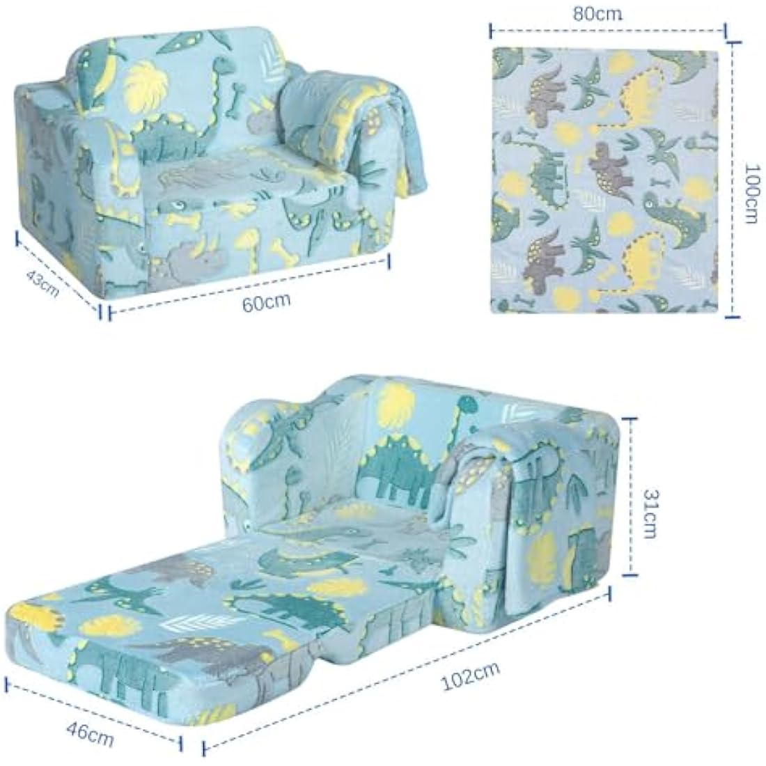 MeMoreCool Kids Couch Sofa, Folding Toddler Chair Bed, Soft Plush Fold Out Kids Armchair Sofa Glow in The Dark, Comfy Baby Recliner for Girls Boys, Glowing Dinosaur, Blue