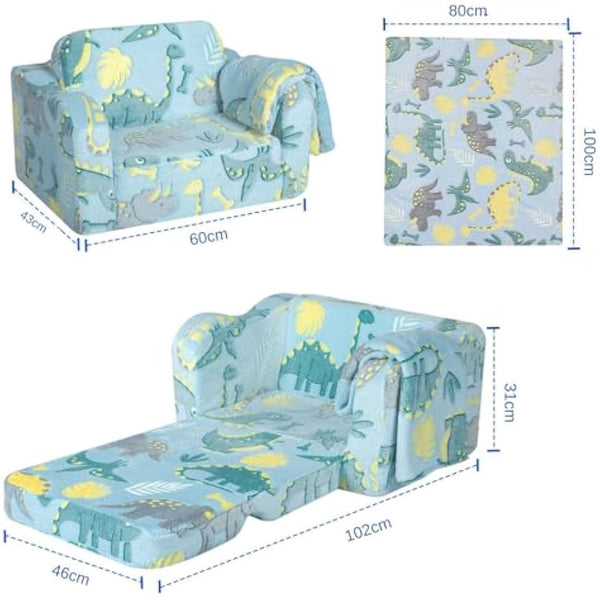 MeMoreCool Kids Couch Sofa, Folding Toddler Chair Bed, Soft Plush Fold Out Kids Armchair Sofa Glow in The Dark, Comfy Baby Recliner for Girls Boys, Glowing Dinosaur, Blue