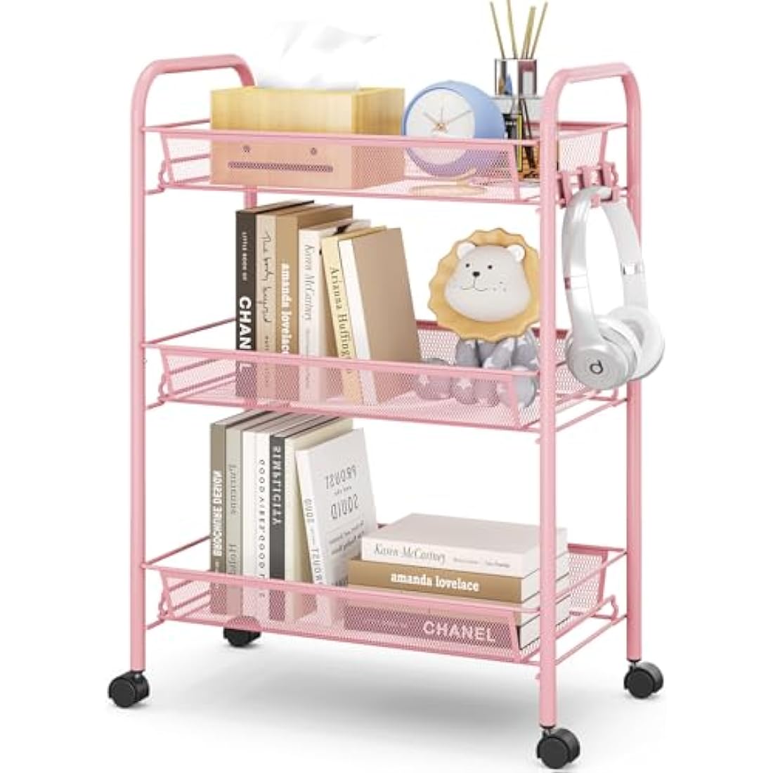 APEXCHASER 3-Tier Rolling Cart,Easy Assemble Mobile Storage Trolley On Wheels,Slide Out Utility Cart Shelving Units Kitchen Bathroom Laundry Room,Pink