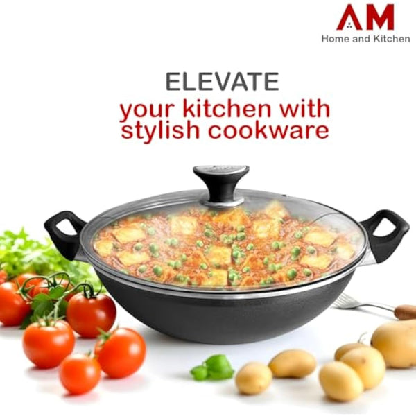 AM Home and Kitchen: 36cm Induction Wok Non Stick with Lid | Versatile Deep Frying Pan, Cookware, Saucepan, PaellaPan, Stock Pot, Stir-Fry & GriddlePan,Glass Lid with Steam Vent