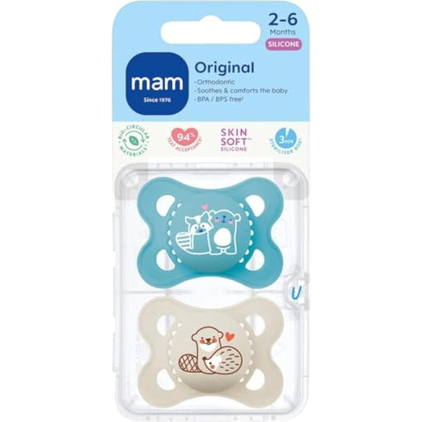 MAM Original Soothers | 0-6 Months | 2 Pack | Comes in Dummy Steriliser Case | Sustainable Materials | Baby Accessories for Newborn | Blue/Cream (Various Designs)