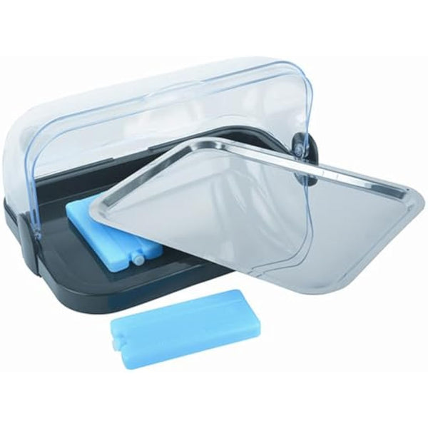 APS Buffet showcase - Double-sided hinged, transparent roll-top bonnet, one bowl, one stainless steel tray and two cooling batteries - Made in Germany