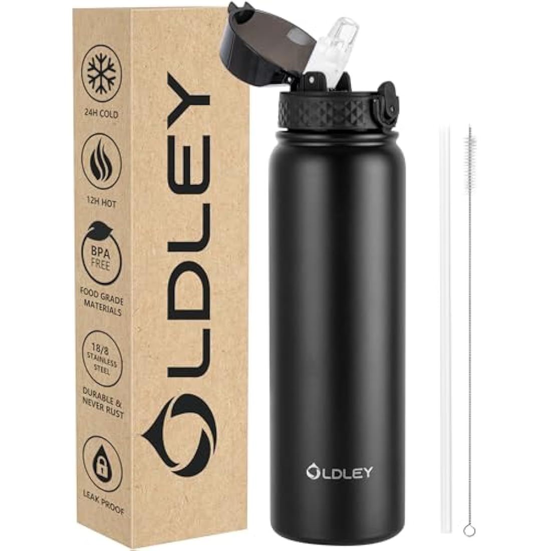 OLDLEY Stainless Steel Water Bottle with Straw 1L Vaccum Insulated Large Drink Flask Metal Water Bottles 1 Litre Leakproof Keep Drinks Hot Cold for Bike Sports Gym Adult Women Men(Black,1 Lid)