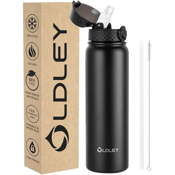 OLDLEY Stainless Steel Water Bottle with Straw 1L Vaccum Insulated Large Drink Flask Metal Water Bottles 1 Litre Leakproof Keep Drinks Hot Cold for Bike Sports Gym Adult Women Men(Black,1 Lid)