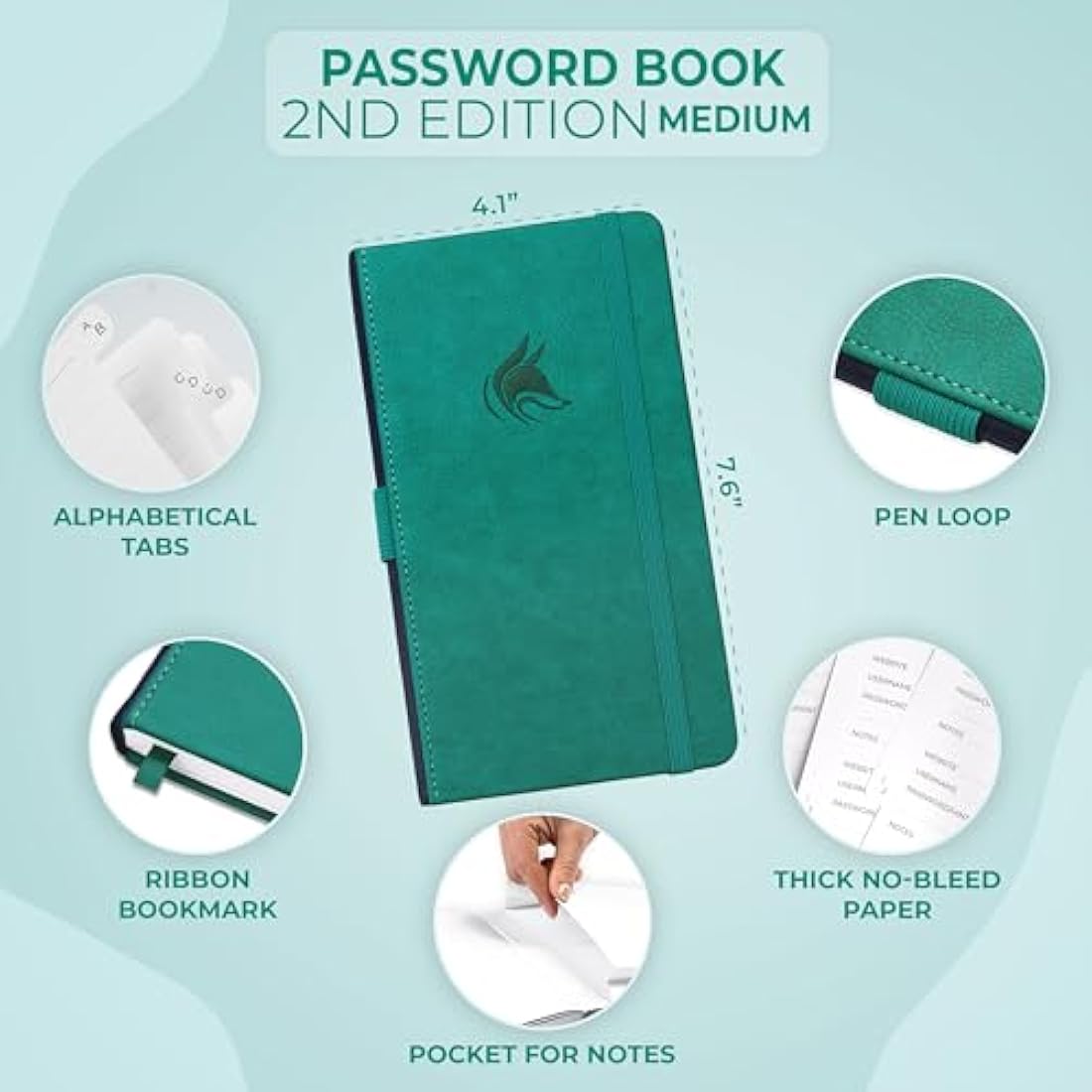Clever Fox Password Book 2nd Edition – Hardcover Password Keeper with Laminated Alphabetical Tabs – Internet Address Notebook & Login Details Organizer Journal – 10.4x19.3cm (Aquamarine)