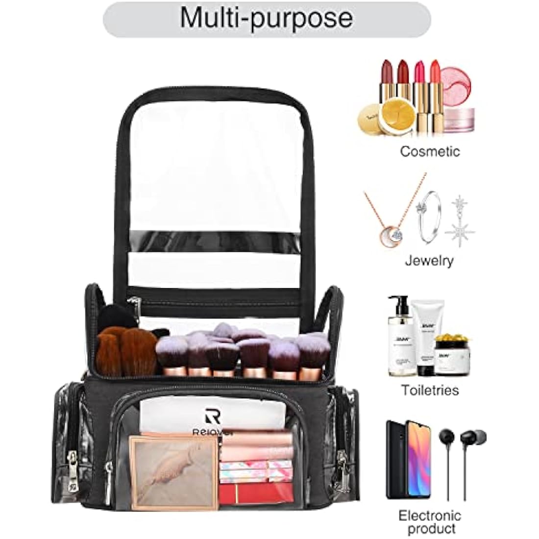 Relavel Makeup Brush Case, Large Makeup Brush Holder Professional Makeup Artist Travel Case Clear Waterproof Cosmetic Organizer Bag, Full Open Easy to Access, with Adjustable Strap and Dividers