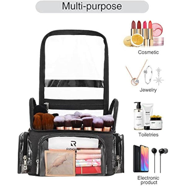 Relavel Makeup Brush Case, Large Makeup Brush Holder Professional Makeup Artist Travel Case Clear Waterproof Cosmetic Organizer Bag, Full Open Easy to Access, with Adjustable Strap and Dividers