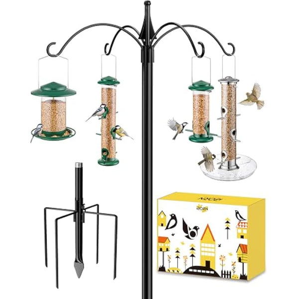 iBorn Bird Feeders Hanging Station 87Inch Wild Bird Feeding Station Stand Heavy Duty For Feeders Hanging, 1 Inch Thickness Pole, 4-Hooks,5-Prong Pole Stabilizer(Bird Feeders NOT Included)