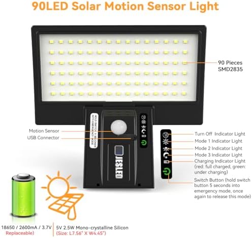 JESLED Solar Powered Lights Outdoor/Outside for Garden Fence Door Yard Pathway, 90 LED Solar Motion Sensor Security/Wall Lights Waterproof 2600mAh, USB Charging (1 Pack)