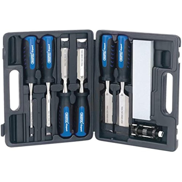 Draper Expert 140mm 8 Piece Wood Chisel Set | Woodworking Hand Tools | Aluminium Oxide Sharpening Stone | 6 to 38mm Blades Carving Tool |Impact Resistant Soft Grip |Honing Guide| 88605