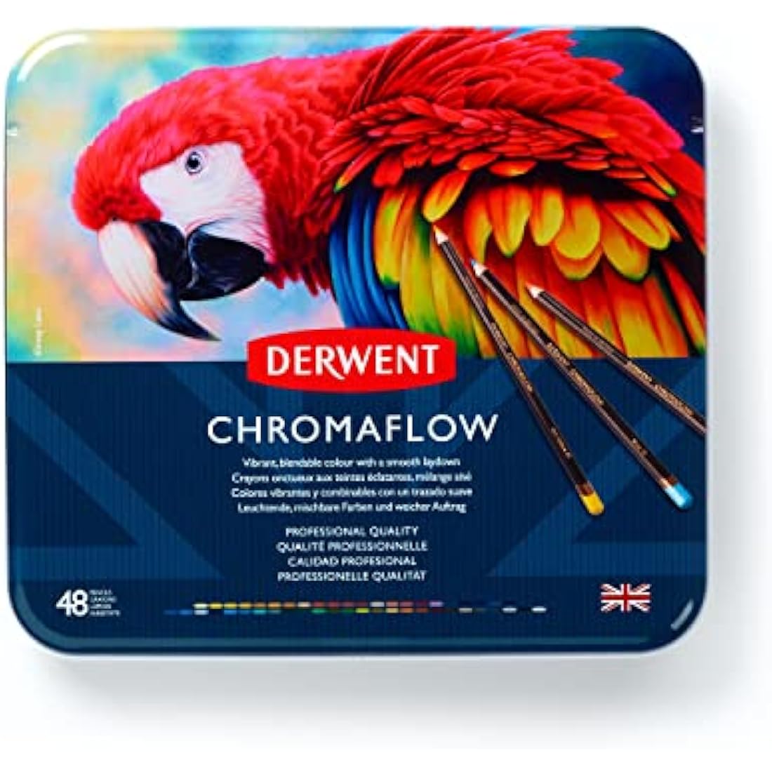 Derwent Chromaflow Pencils, Set of 48 in Tin, 3.5mm Round Core, Premium Core Strength, Blendable with Smooth Texture, Ideal for Drawing, Colouring & Layering, Professional Quality, 2306013