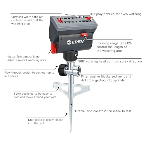 Eden 94145 4-Way Adjustable Mini Turbo Oscillating Sprinkler with Step Spike Gear Drive, Heavy Duty, Gardening Watering System, Garden&Lawns, Coverage