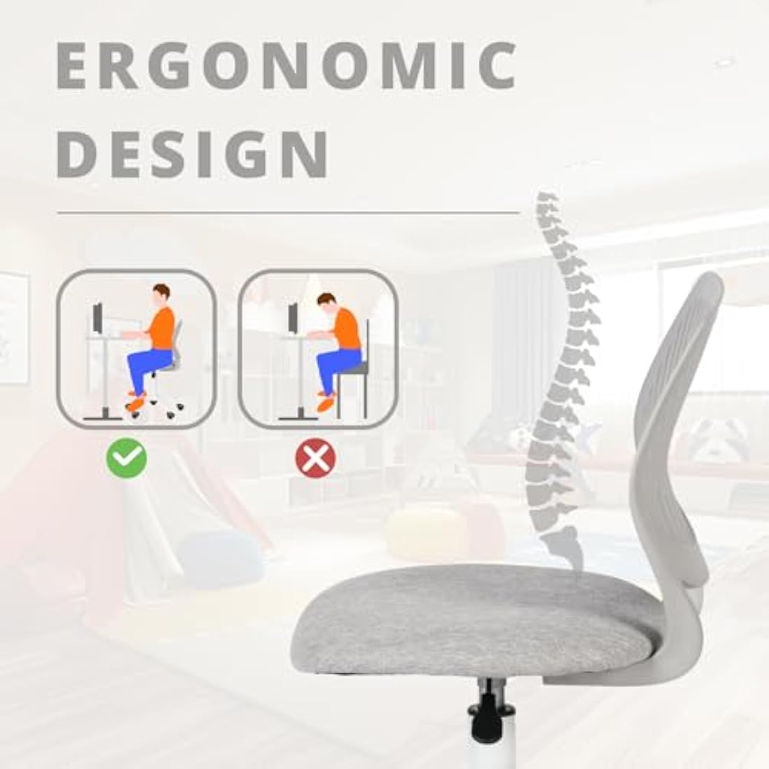 FurnitureR Set of 1 Desk Chair, Adjustable Height Task Chair, Swivel Chair with Small Hole Backrest Design for Bedroom Study Room, Light Grey