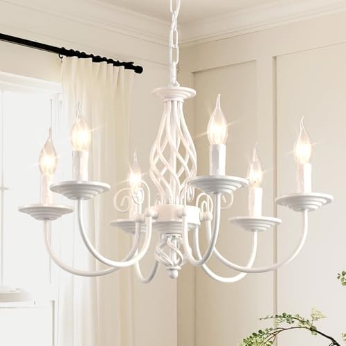 JIINOO French Country Chandeliers, 6 Light Vintage White Chandeliers Ceiling Light, Rustic Pendant Chandelier, Height Adjustable Farmhouse Pendant Light Fixture for Kitchen Dining Room Living Room