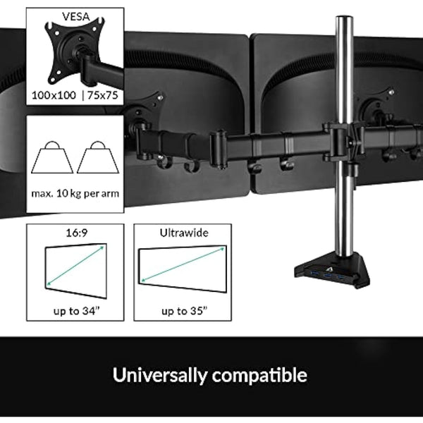 ARCTIC Z2 Pro (Gen 3) - Double Monitor Arm, Monitor stand for up to 34"/35" Ultrawide, up to 10 kg (22 lbs), USB Hub, Adjustable Height, Flexible - Matt black