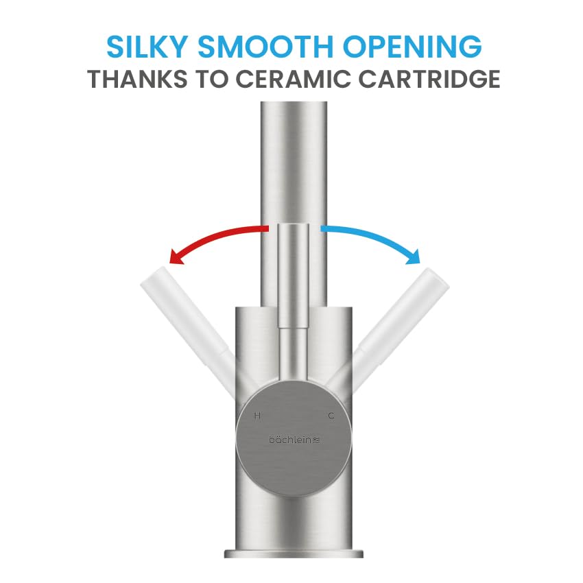 Bächlein Kitchen Faucet 360 Degree Swivel (Brushed Stainless Steel) - One-Hand Sink Mixer with Flexible Neck and Shower with Switch Button, Kitchen Faucet with Magnetic Holder