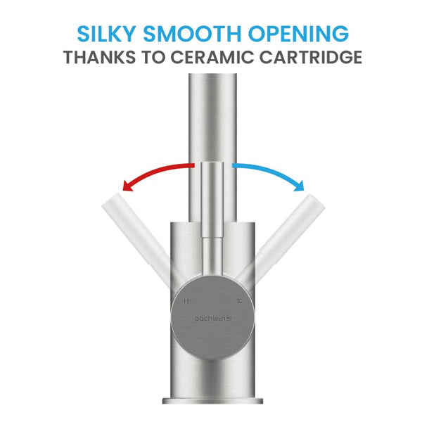 Bächlein Kitchen Faucet 360 Degree Swivel (Brushed Stainless Steel) - One-Hand Sink Mixer with Flexible Neck and Shower with Switch Button, Kitchen Faucet with Magnetic Holder