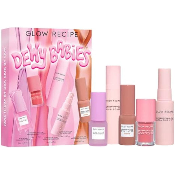 Glow Recipe Dewy Babies Travel Skincare Set - Plum Plump Hyaluronic Acid Serum + Dewy Flush Tinted Blush Drops + Pink Juice Face Moisturizer + Bronzing Hue Drops + Ultra Fine Facial Mist (5 Count)