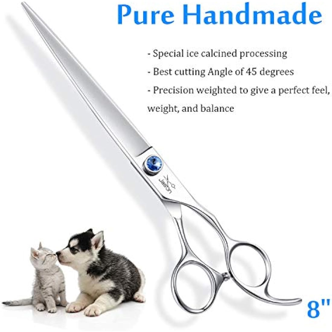 JASON 8" Straight Dog Grooming Scissors Pets Grooming Shears Premium Cats Trimming Kit with Offset Handle and a Jewelled Screw