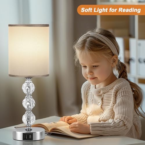 Aooshine Touch Table Lamp, Crystal Grey Bedside Lamps with 3 Way Dimmable, Small Bedside Lamp with USB C+A Charging Ports, Bedroom Lamps with Grey Fabric Shade for Living Room (LED Bulb Included)