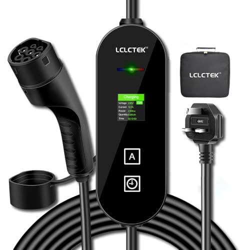 LCLCTEK® EV Charger Cable Type 2 to 3 Pin Plug, Portable UK 3 Pin EV Charger, Electric Car Charger [6/8/10/13A], EV Car Charger with LED Display, IP66 Waterproof, Type 2 Cable EVs and PHEV (8M)