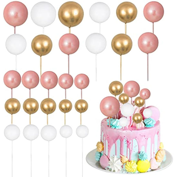 Gyufise 30Pcs Balls Cake Topper Mini Balloons Cake Toppers Foam Ball Cake Decorations Balloon Cake Topper Ball Shaped Cake Insert Topper for Birthday Party Baby Shower Decor Rose Gold White Gold