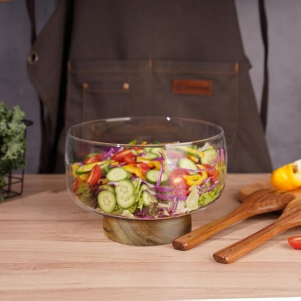 NiHome 123oz/3.6L Large Glass Trifle Bowl with Elegant Acacia Wood Stand, Versatile Serving Dish for Cakes, Salads, Desserts, Stylish Display for Parties, Weddings, Special Occasions