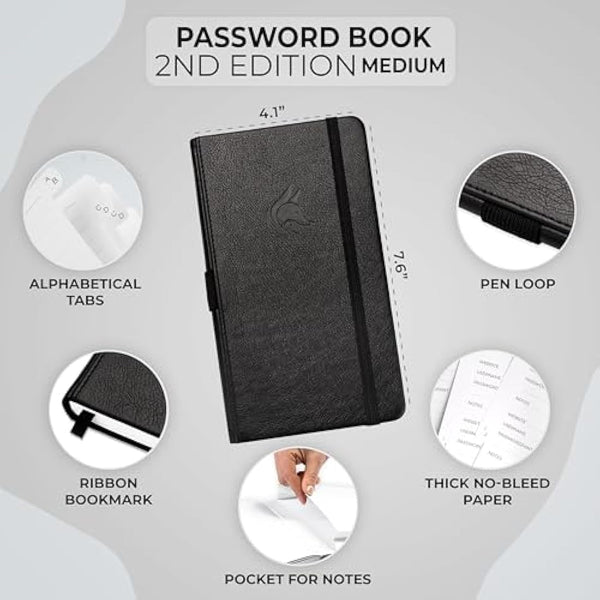 Clever Fox Password Book 2nd Edition – Hardcover Password Keeper with Laminated Alphabetical Tabs – Internet Address Notebook & Login Details Organizer Journal – 10.4x19.3cm (Black)
