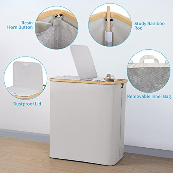 efluky 140L Laundry Baskets with Lid 2 Compartments, Large Laundry Hamper, Double Laundry Basket Laundry Storage with 2 Removable Bags, Light Grey