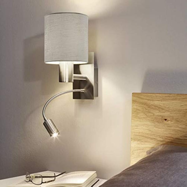 EGLO Pasteri 2-Bulb LED Fabric Wall Lamp, Steel and Fabric Bedside Light Coloured in Nickel Matt and Taupe, E27 Socket, incl. Switch and Flexible Reading Light