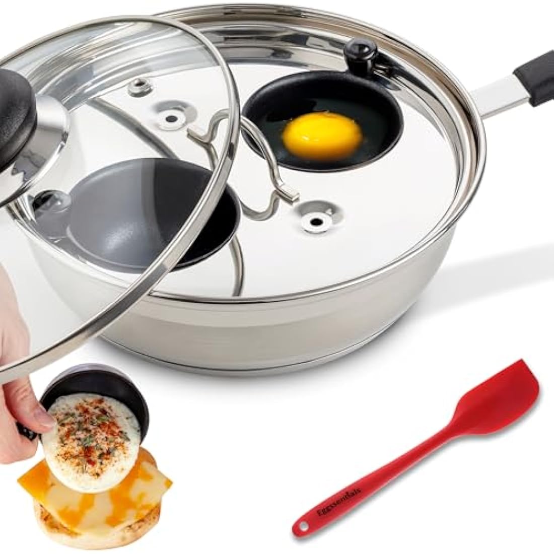Eggssentials Egg Poacher Pan - Nonstick Coating, Stainless Steel, PFOA Free Poached Egg Maker with Spatula