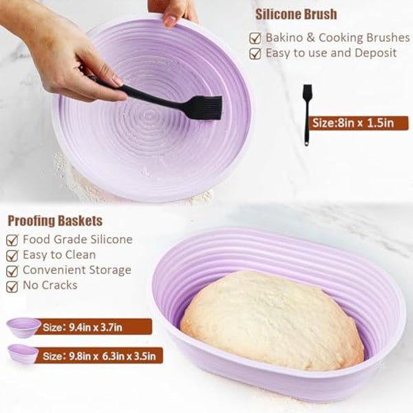 Bread Proofing Basket Sourdough Starter Kit-Sourdough Proving Basket Kit Bread Making Accessories with Foldable Silicone 9 Inch Round&10 Oval Sour Dough Starter Kits,Danish Dough Whisk,Bread Lame
