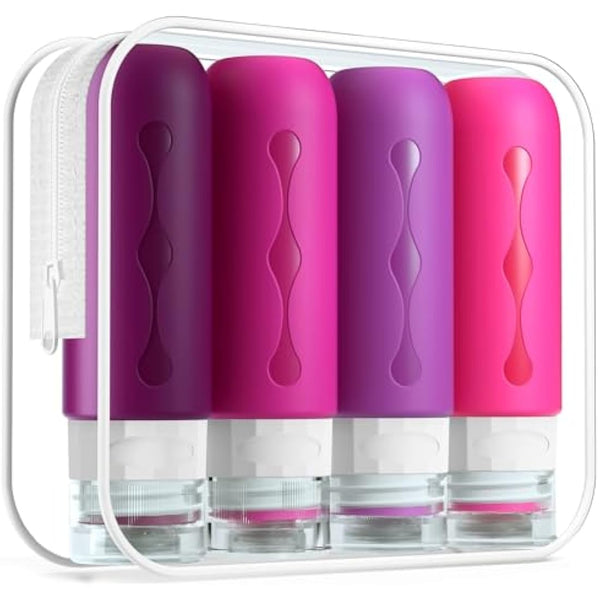 Gemice Portable Travel Bottle, 4 Pack Silicone Travel Containers Set LeakProof Refillable Squeezable for Lotion Liquid Shampoos, Soap and Toiletries (90ml)