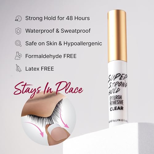 i•ENVY Super Strong Hold Eyelash Adhesive, Waterproof, 48-Hour Long-Lasting Lash Glue, Latex-Free, Hypoallergenic, Quick-Drying with Brush-On Applicator for Strip Lashes (Clear, 1 Pack)