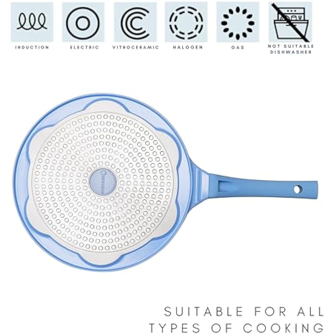 Erreke Pancake Pan, Non Stick Crepe Pan, All Types of Kitchens and Induction Hobs, Fun Design for Kids and Cooking, Soft Touch Handle, 26 cm, Blue Color.