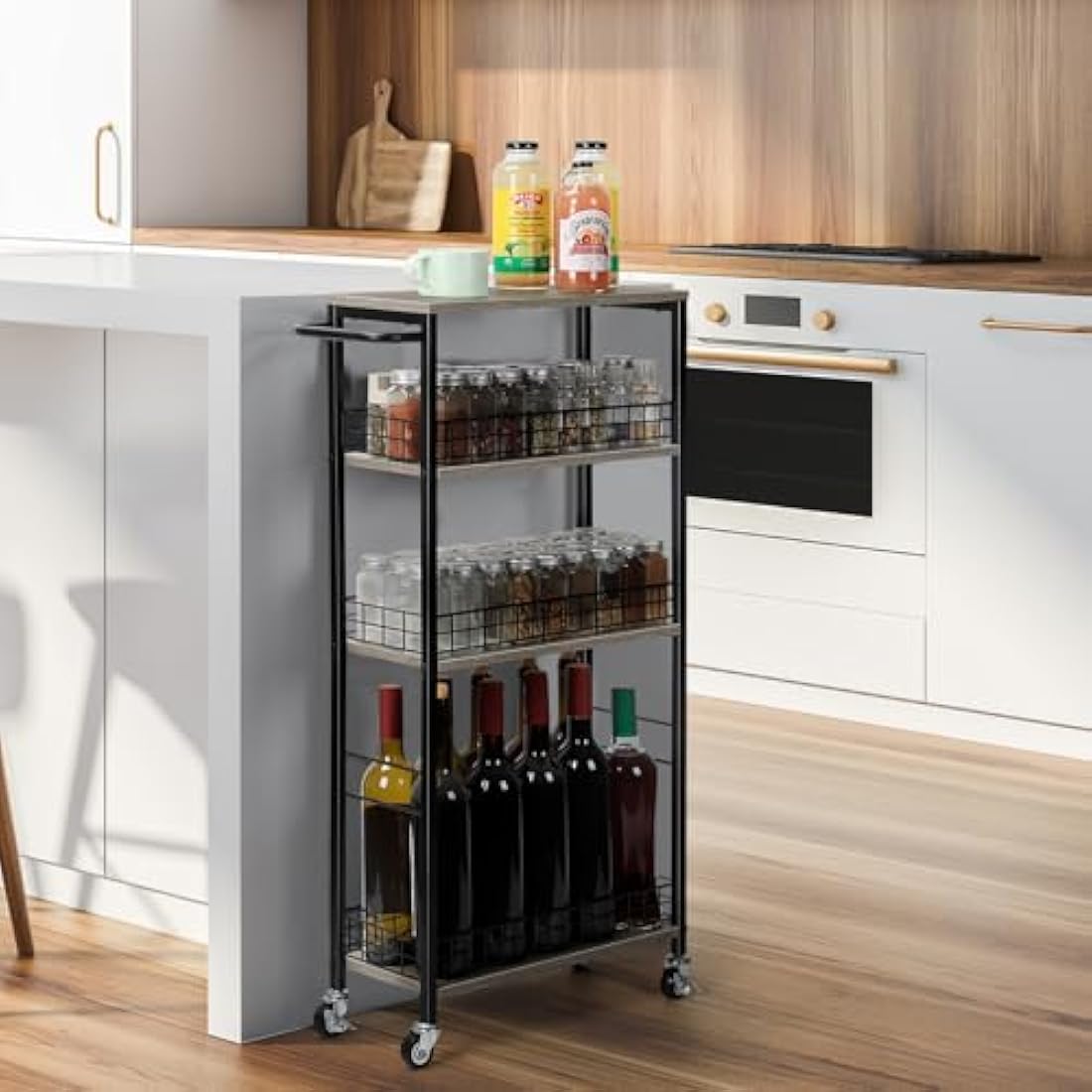 4 Tier Kitchen Storage Cart Slim Rolling Cart on Wheels Mobile Vegetable Rack with Wooden Tabletop Slide Out Utility with Handle for Living Room Laundry Pantry (Grey)