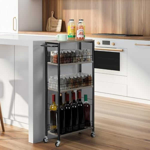 4 Tier Kitchen Storage Cart Slim Rolling Cart on Wheels Mobile Vegetable Rack with Wooden Tabletop Slide Out Utility with Handle for Living Room Laundry Pantry (Grey)