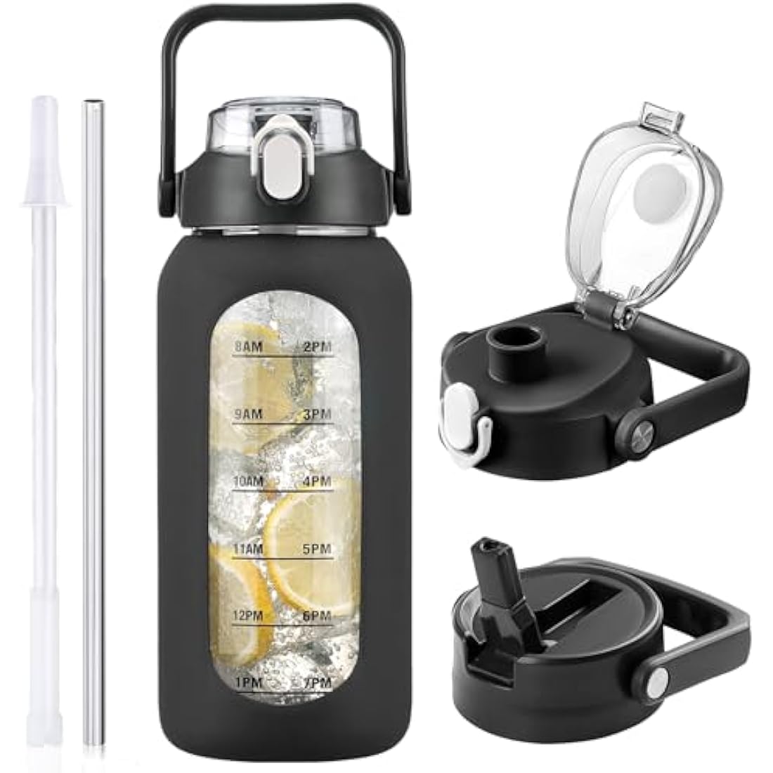 HYDRAGLAZIC 2L Glass Water Bottle with 2 Lids Flip and Chug Lids 2 Liter Large Water Jug with Time Marker and Silicone Sleeve BPA Free Leak-proof for Sports Gym, Black
