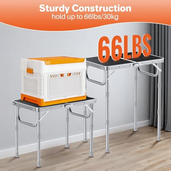 FUNYKICH 2ft Small Folding Camping Table, 3 Height Adjustable Portable Picnic Table, Lightweight Aluminum Outdoor Tables with Carry Handle for Camping, Picnic, BBQ, 58x40cm(L22.8 xW15.7), Silver