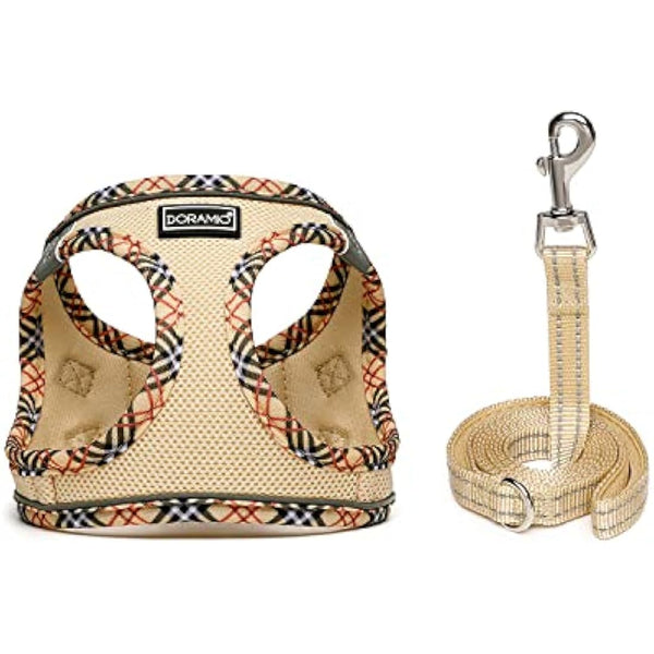 DORAMIO Step-in Dog Harness and Leash Set, Soft Mesh No-Chock Reflective Breathable Easy Walk Lightweight Vest Harnesses with Safety Buckle for Small Dogs, Cats, Puppies (Beige, XL)