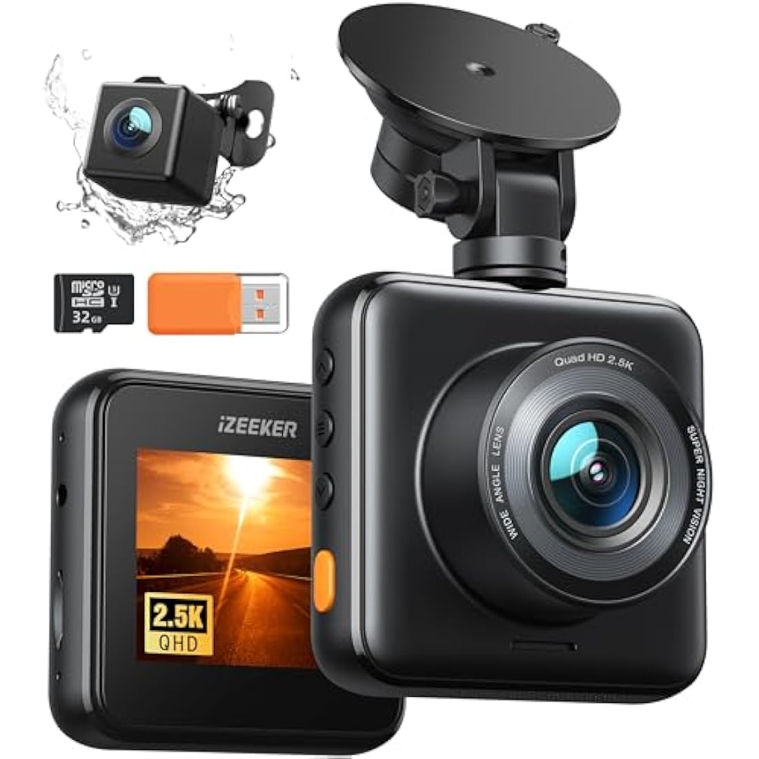 iZEEKER 2.5K Dash Cam Front and Rear with FREE SD Card, 1440P QHD Car Camera Dashboard, Dual Dashcam for cars with Night Vision, WDR, Loop Recording, G-sensor, 24/7 Parking Monitoring Supports