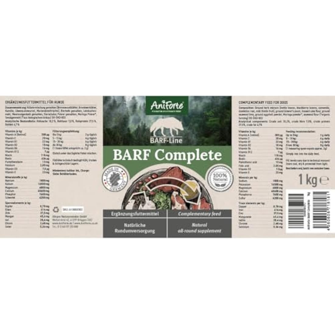 AniForte BARF Complete 1kg for Dogs - 100% Natural Barf Supplement with Minerals, Vitamins & Herbs - Premium Quality, Rich in Calcium & Ideal as Daily All-Round Care for Raw Food Diets