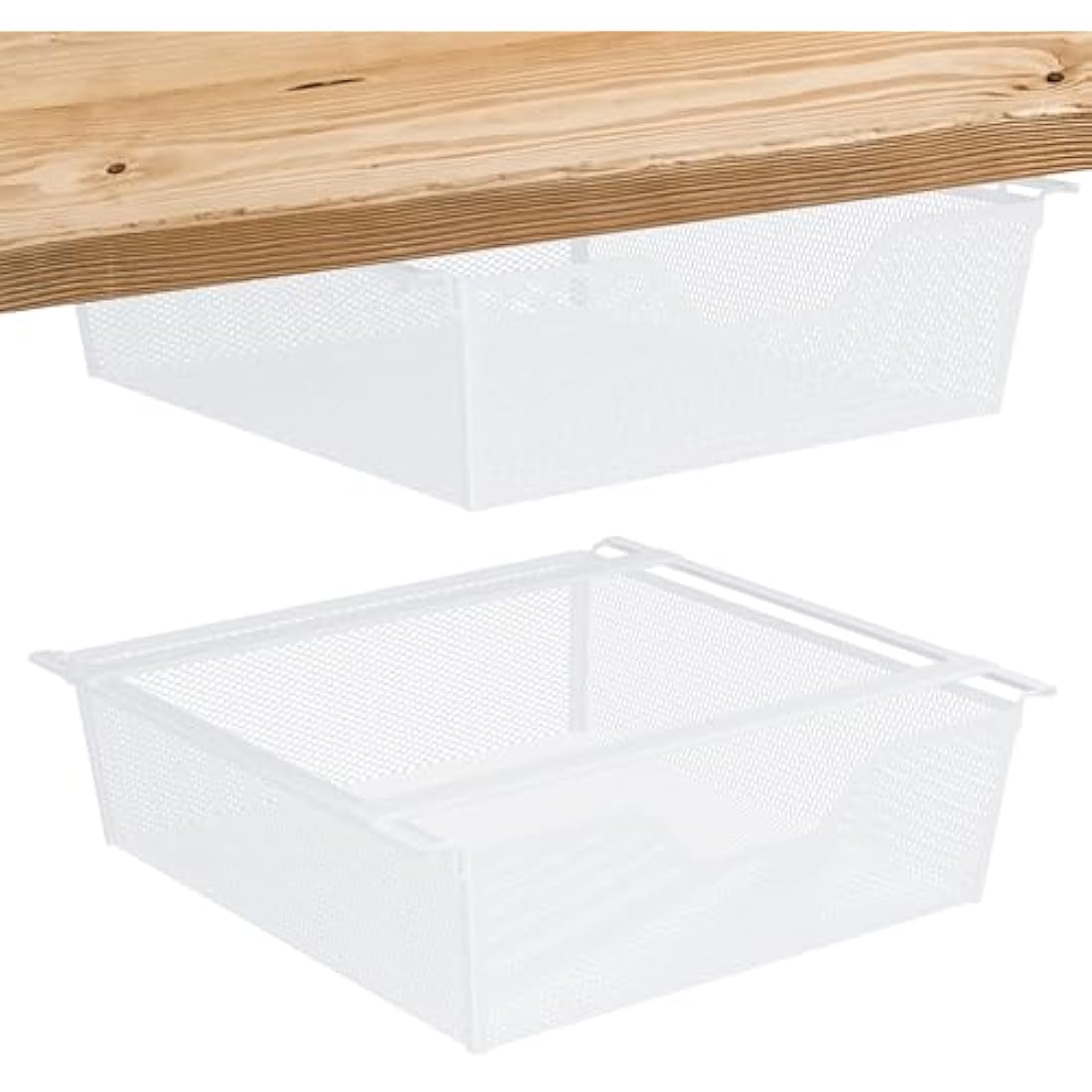 2 Pack Pull Out Basket Storage Under Shelf, Under Cabinet Hanging Drawer, Metal Wire Mesh Storage Basket Organizer for Kitchen, Office, Wardrobes, Cupboard rack White