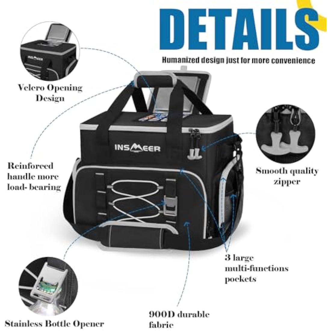 INSMEER Large Cooler Bag 55 Cans, 45L Large Capacity Insulated Cool Bag, Foldable Storage Bag Leak-Proof Thermal Bag XXL with Bottle Opener for Shopping/Camping/Beach/Picnic