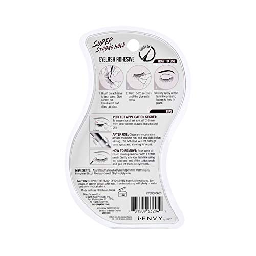 i•ENVY Super Strong Hold Eyelash Adhesive, Waterproof, 48-Hour Long-Lasting Lash Glue, Latex-Free, Hypoallergenic, Quick-Drying with Brush-On Applicator for Strip Lashes (Clear, 1 Pack)
